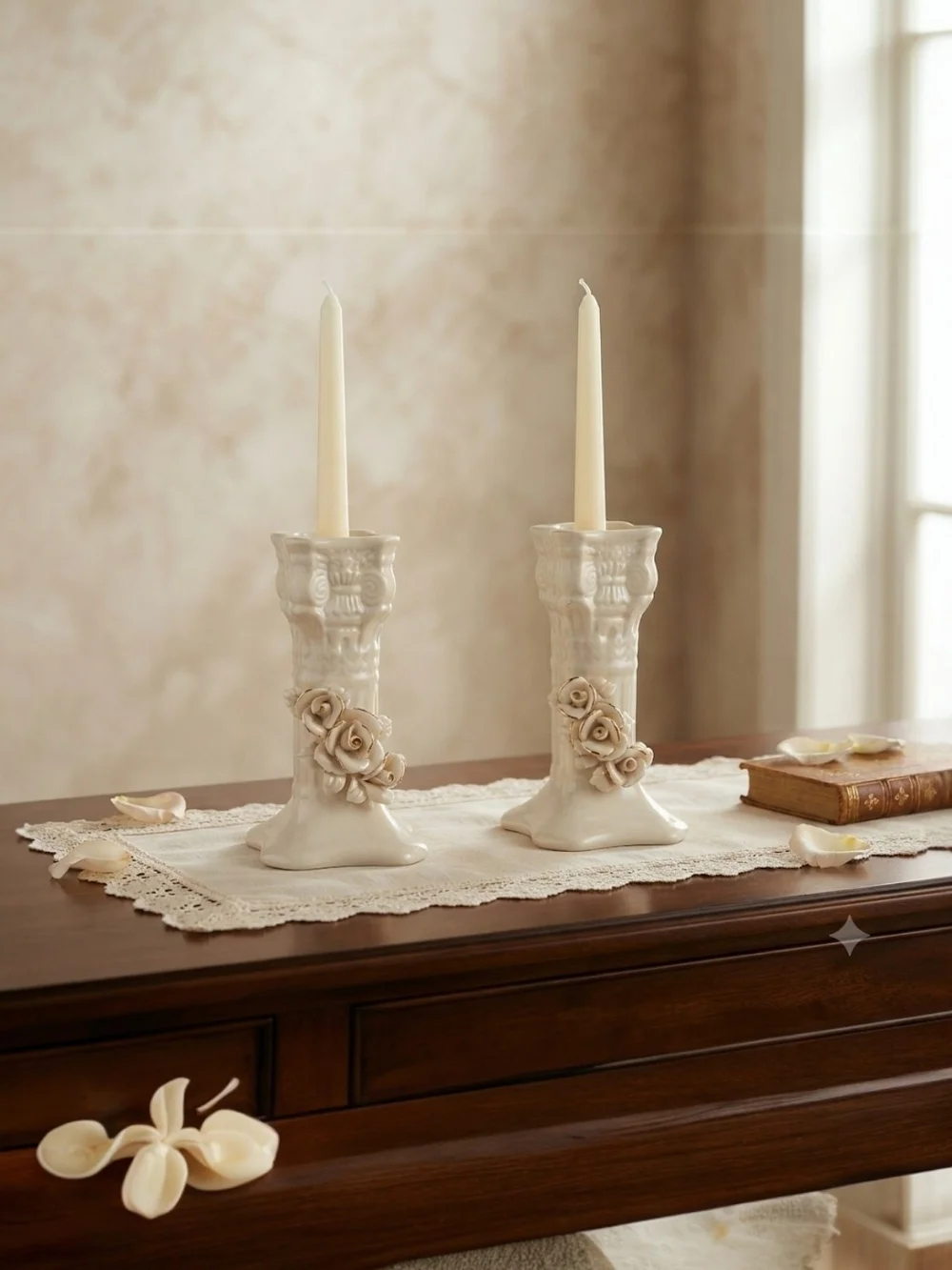 Cream Ceramic Rose Taper Candle Holders - Pair ♡